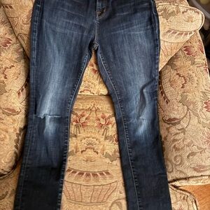 Dark Blue Women's J Brand “Emma” Skinny Jeans with rip in right knee